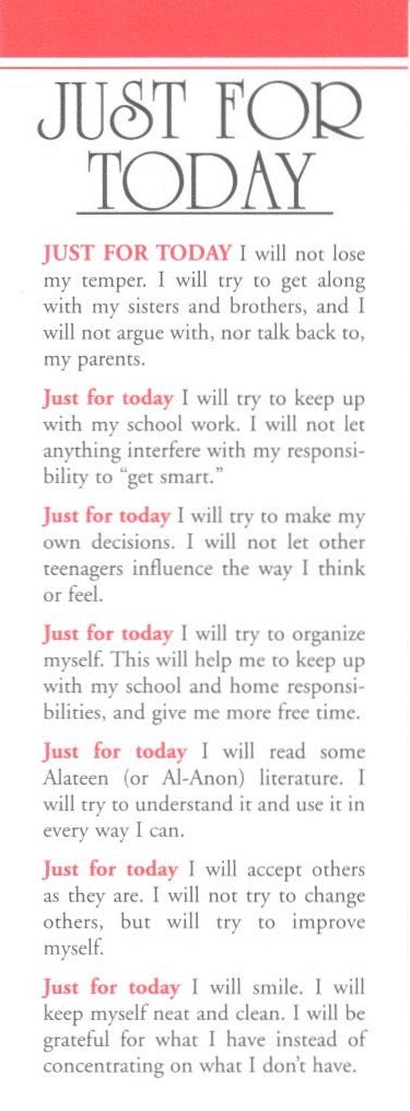 Just For Today Alateen Bookmark Al Anon Book Store